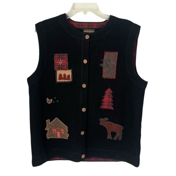 VTG Woolrich Vest Black Wool Embroidered Kitschy Cabincore Rustic Fall Size XL - Picture 1 of 7